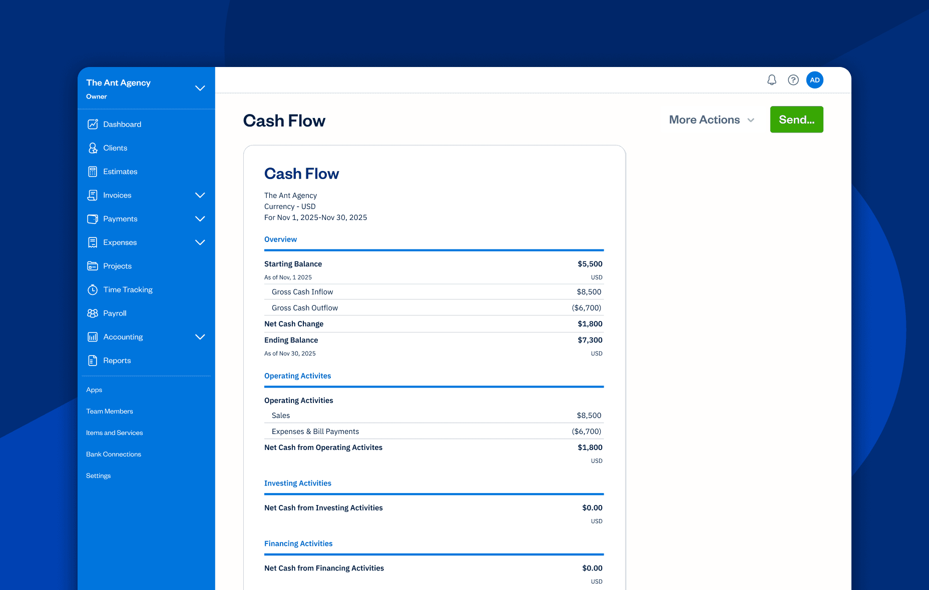 Cash Flow Statement example from FreshBooks