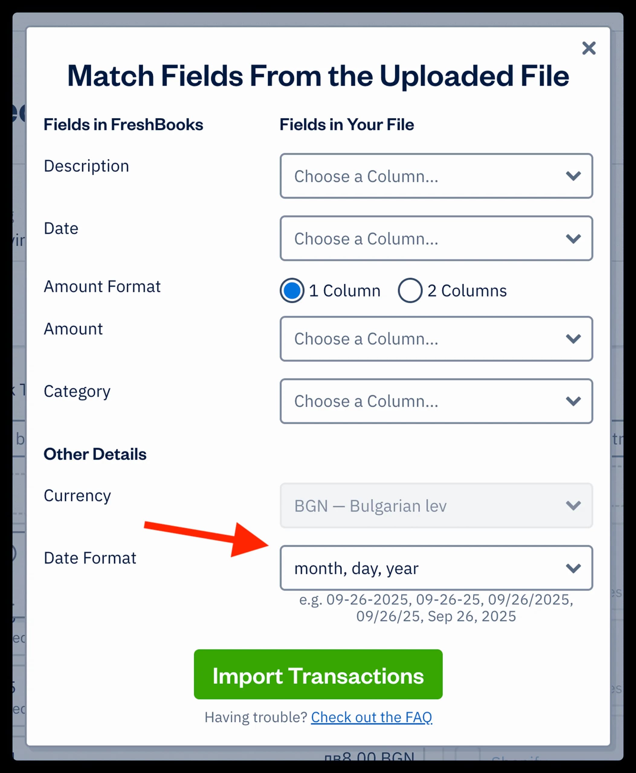 FreshBooks UI screen - import bank transactions