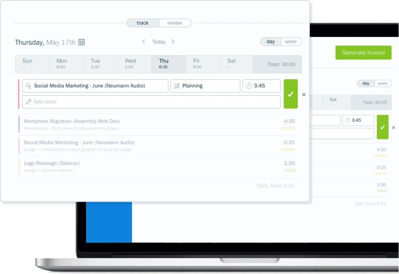 Screenshot of time tracking by day in FreshBooks accounting software