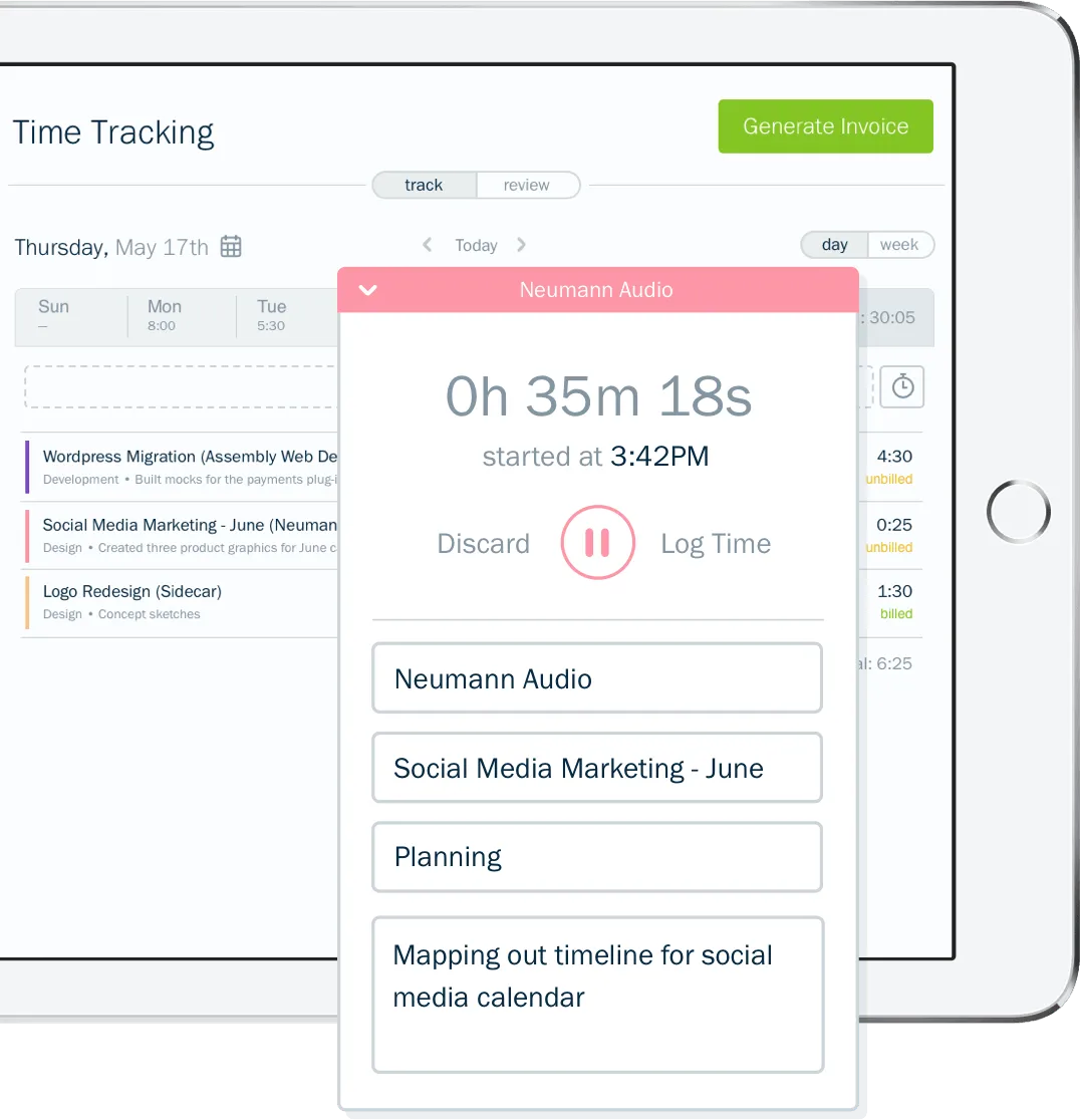 Screenshot of time tracking stopwatch in FreshBooks accounting software